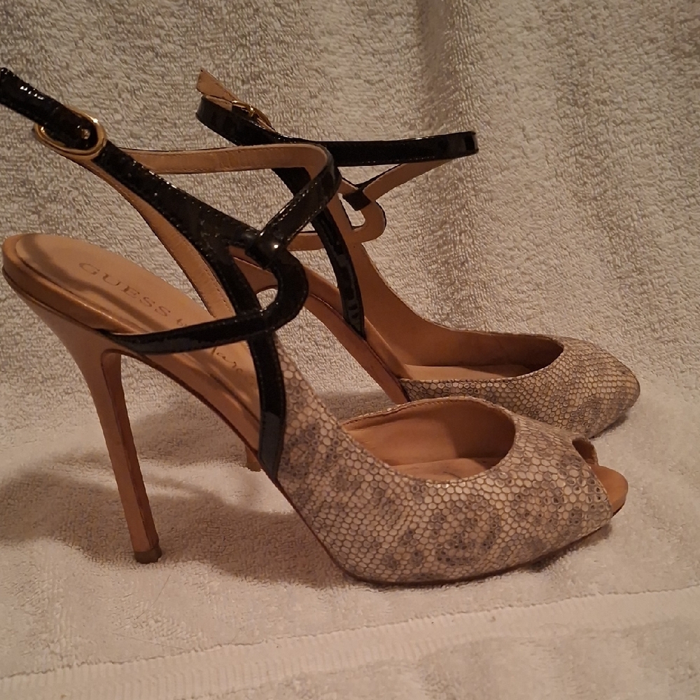 Guess by Marciano Beige Snake-Print Peep-Toe Heels with Black‎ Patent Straps